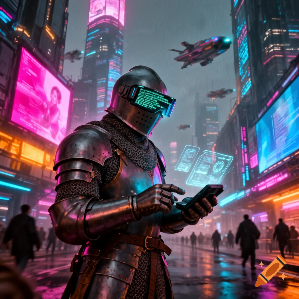 A knight in full armor with a glowing visor stands in a neon-lit cyberpunk city, interacting with a smartphone and holograms.