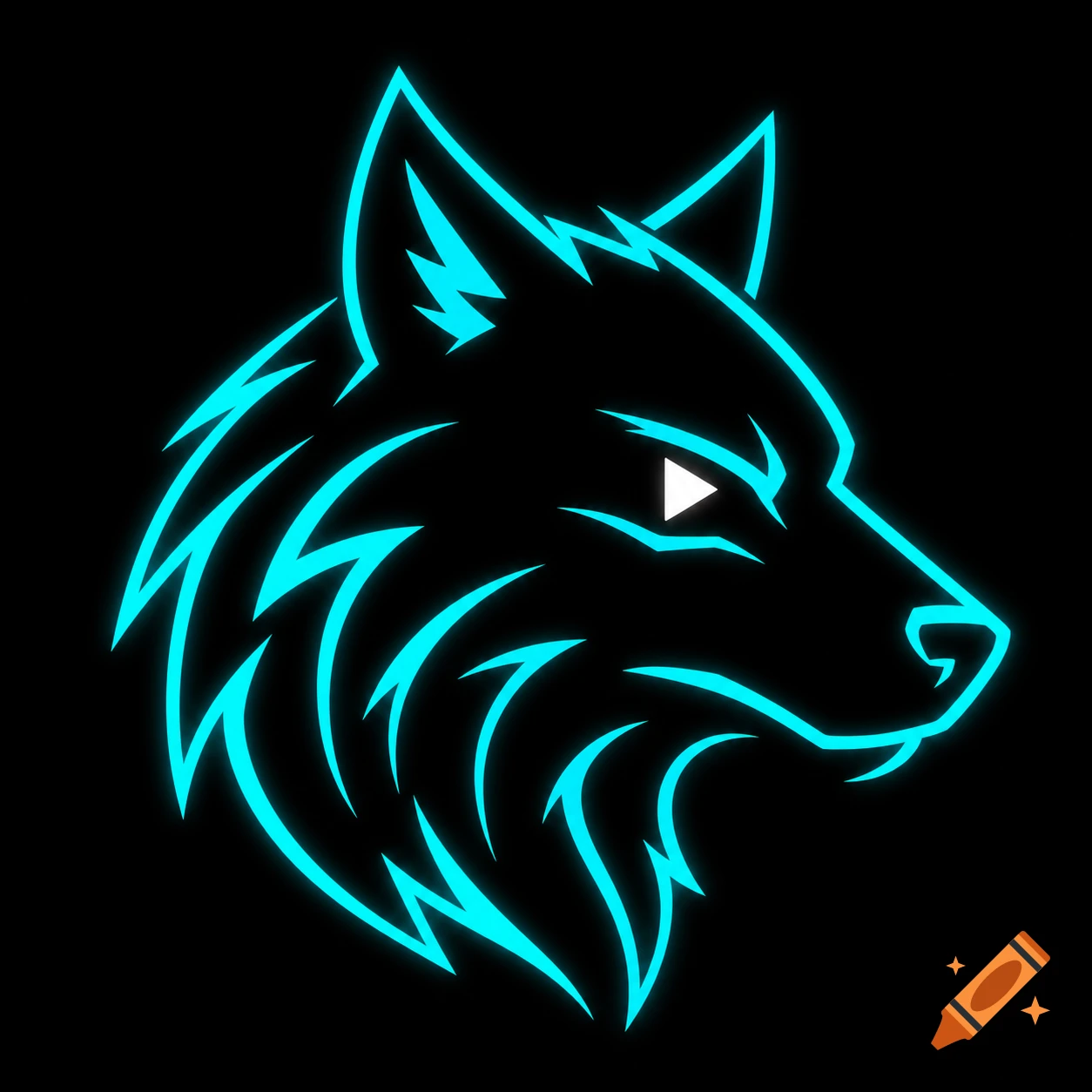 Minimalist neon cyan wolf head logo with a white YouTube play button in its eye, on a black background.