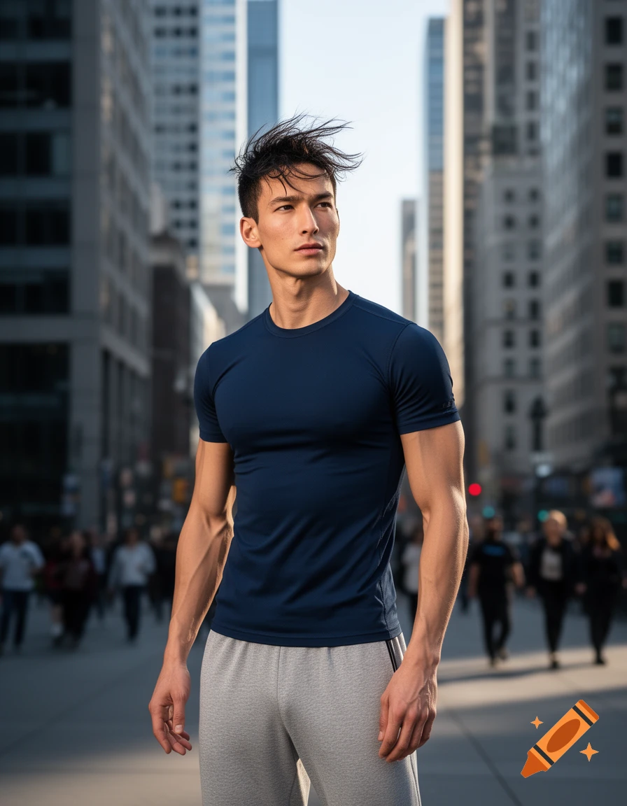 A thin, muscular man in a navy blue t-shirt and grey sweatpants stands on a city street, looking away.