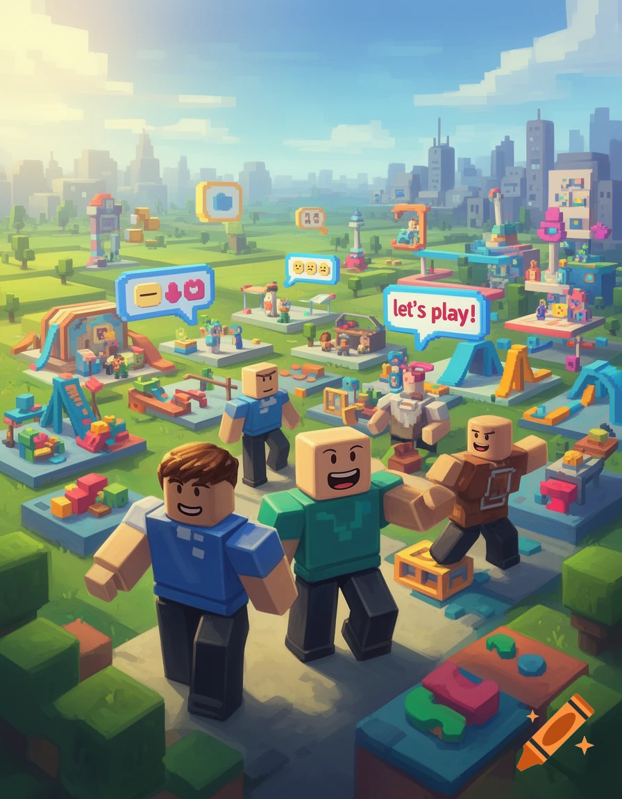 Roblox-style characters in a colorful, blocky virtual world cityscape, with game elements and 'let's play!' speech bubble.