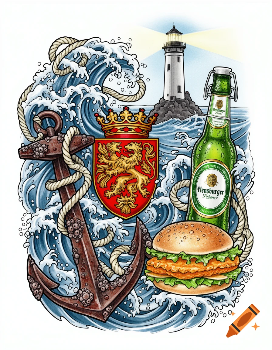 Colorful maritime tattoo illustration with an anchor, lighthouse, waves, Schleswig-Holstein coat of arms, Flensburger Pilsener, and a sandwich.