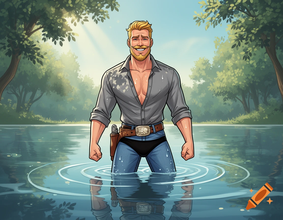 Cartoon man with blonde hair and mustache wading in a lake, wearing an unbuttoned grey shirt and swim briefs over jeans, in a sunny forest.