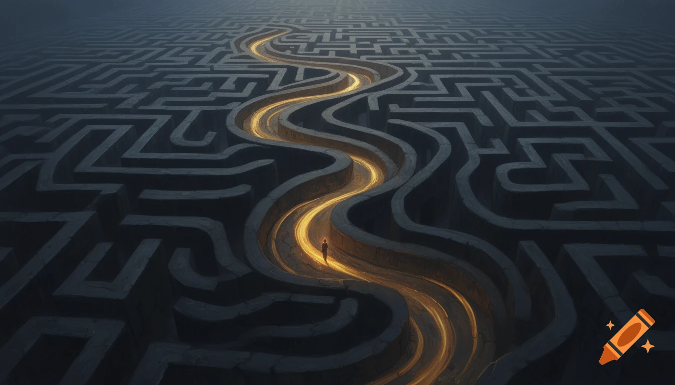 A dark, intricate maze seen from above with a glowing golden path leading a tiny person through it. Conceptual digital painting.