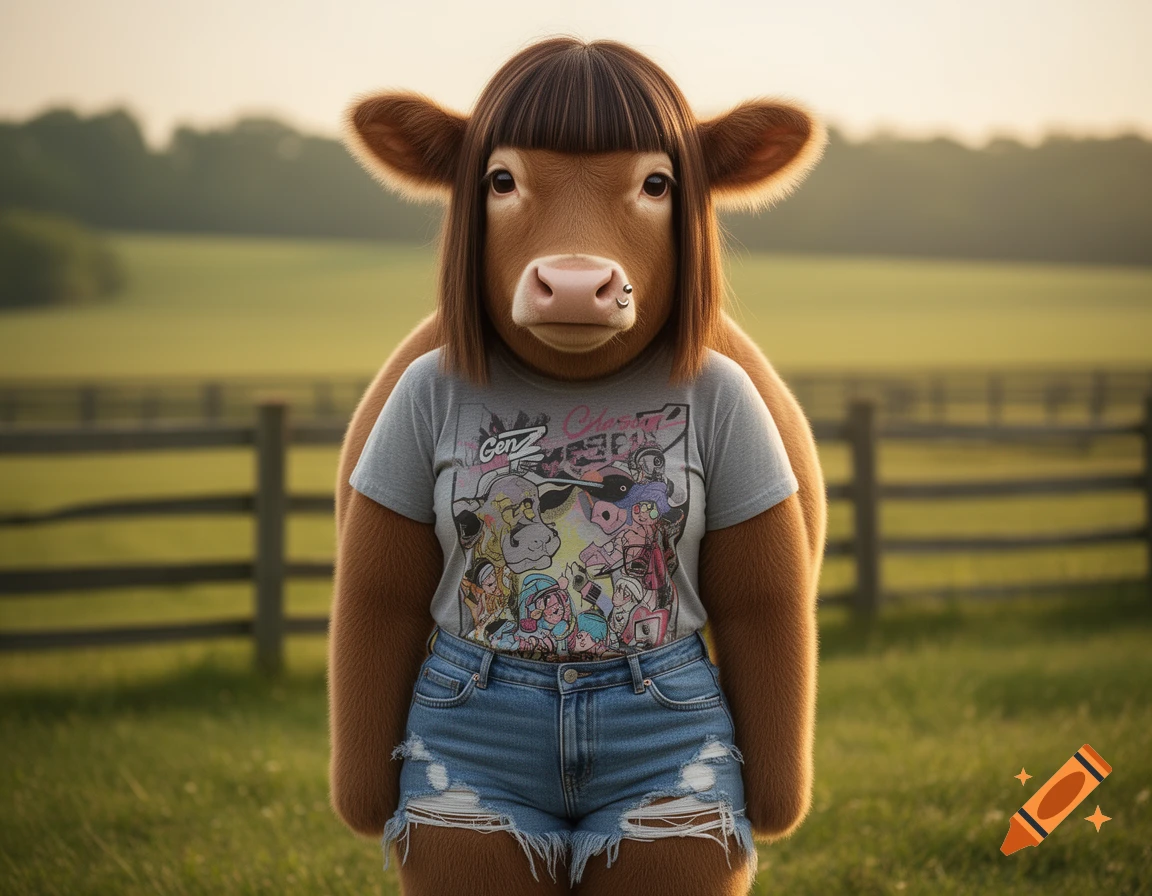 Photorealistic image of a chubby, brunette cow personified as a Gen Z girl wearing a gray t-shirt and ripped denim shorts in a grassy field.