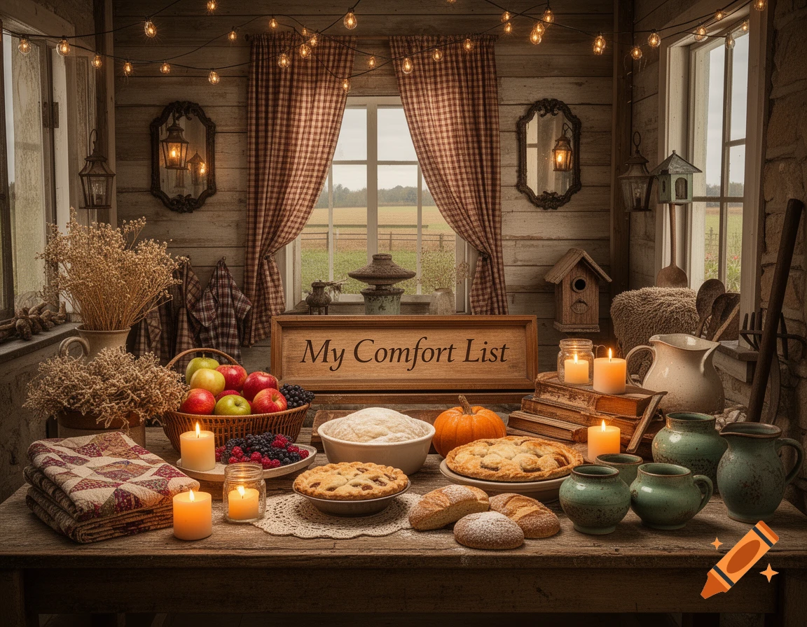 A rustic country room with a table full of pies, apples, berries, bread, and candles, lit by string lights.