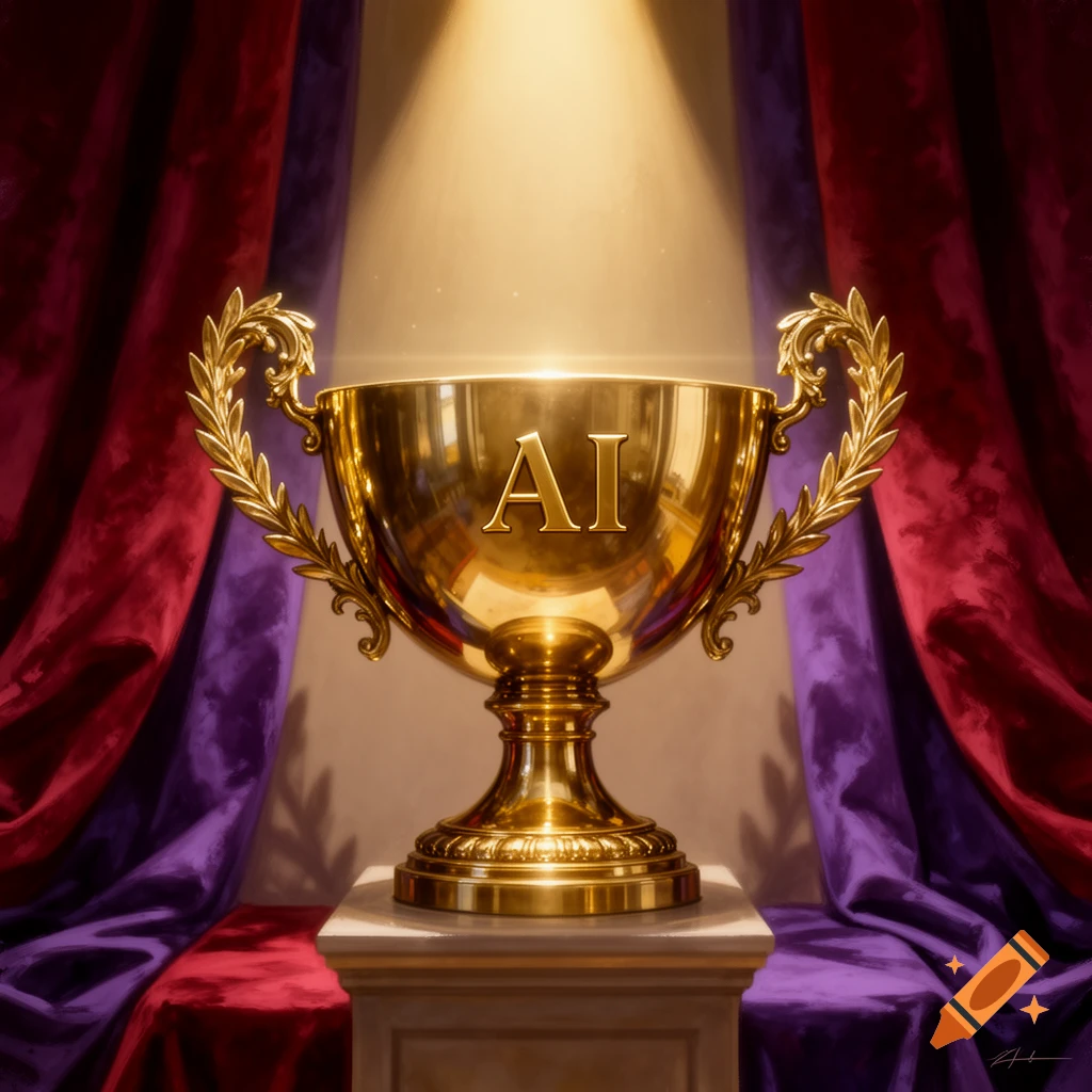 A gleaming golden trophy with 'AI' inscribed, illuminated by a spotlight against rich red and purple curtains.