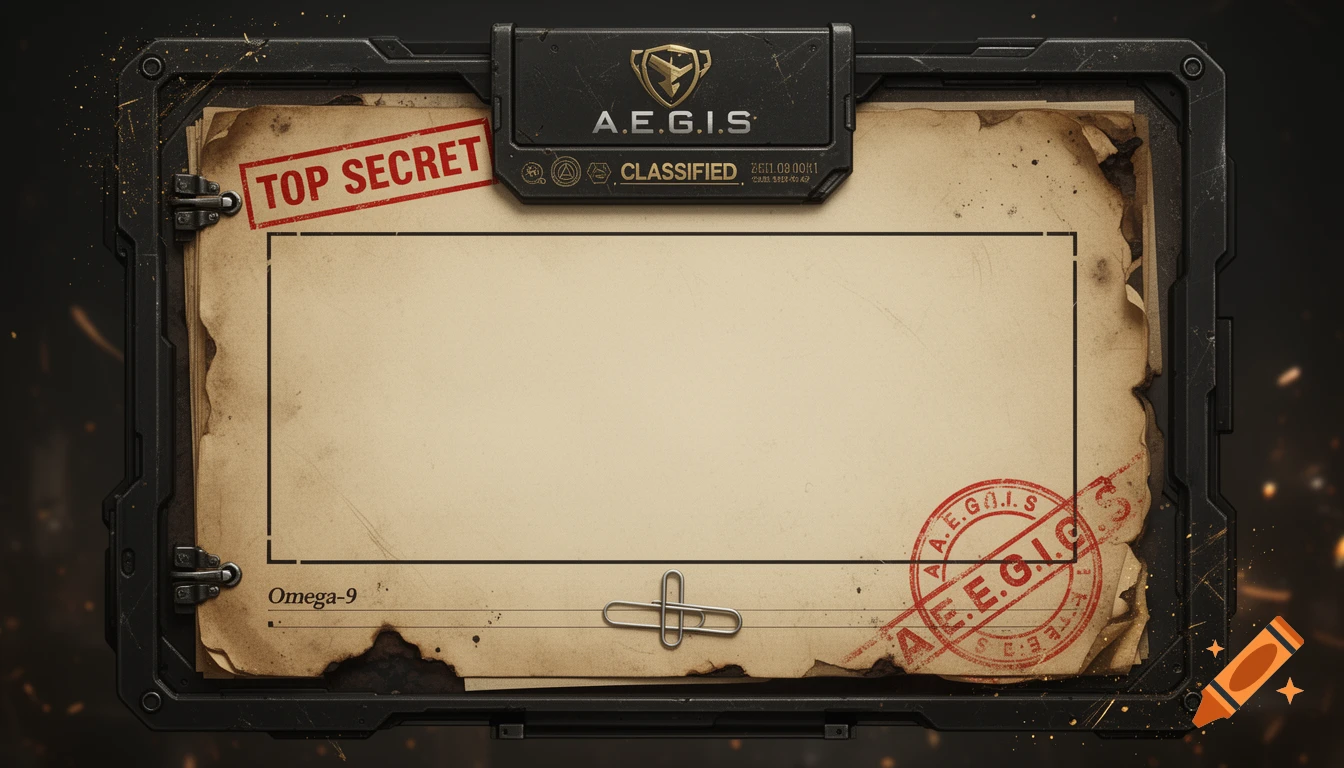 A dark sci-fi military dossier UI card with 'TOP SECRET' and 'CLASSIFIED' stamps, a blank text area, and an 'A.E.G.I.S.' seal.