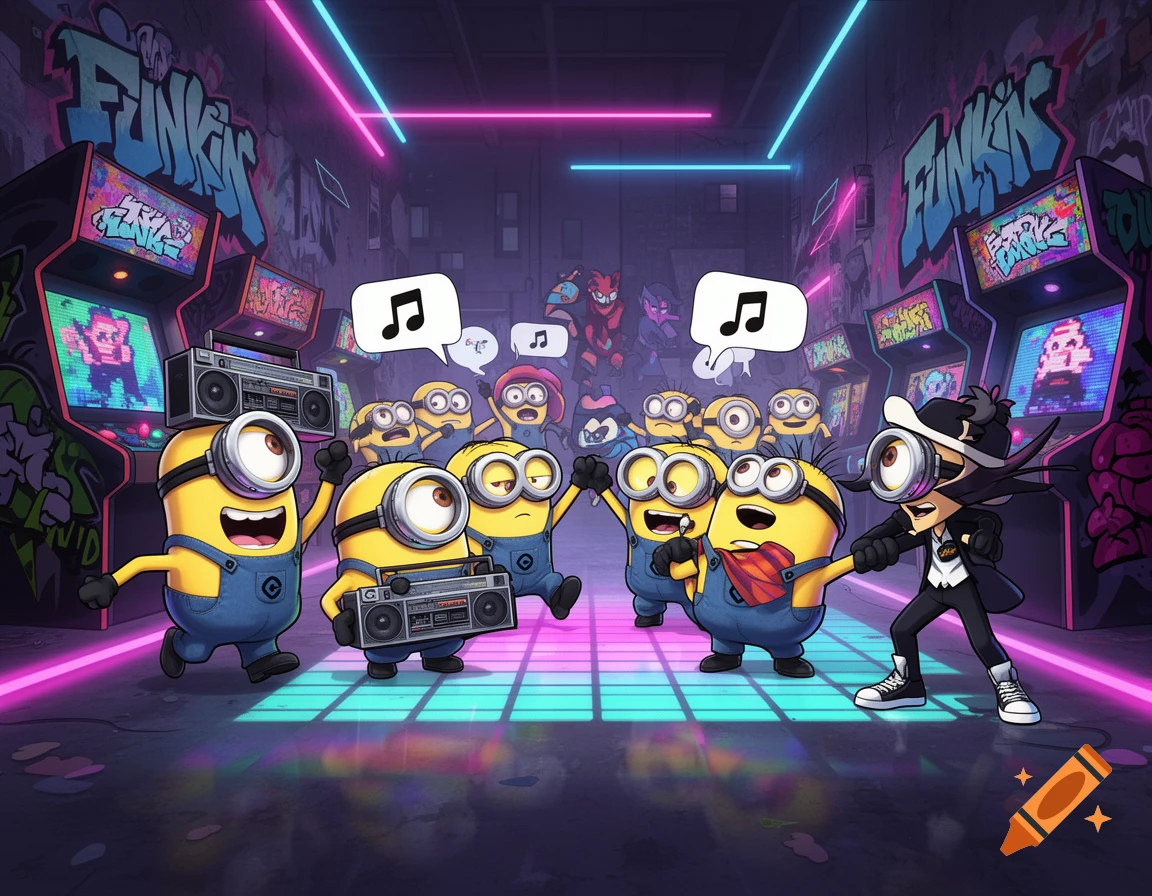 Minions and Friday Night Funkin' characters dancing in a neon-lit arcade with boomboxes.