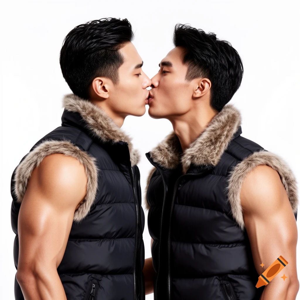 Two handsome young muscular thin Asian men in sleeveless puffer vests with fur kissing against a white background.