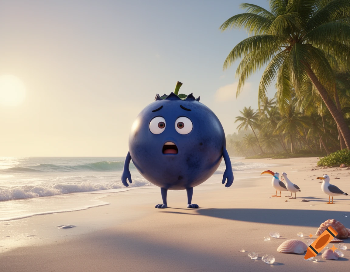 A surprised 3D animated blueberry character stands on a sandy beach with ocean waves, palm trees, and seagulls in the background.