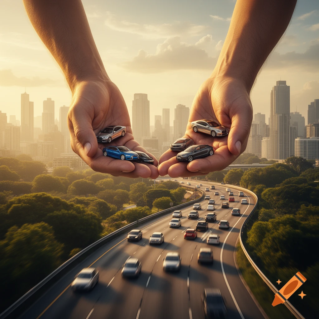 Giant hands hold toy cars over a busy highway leading to a sunlit city skyline, photorealistic style.