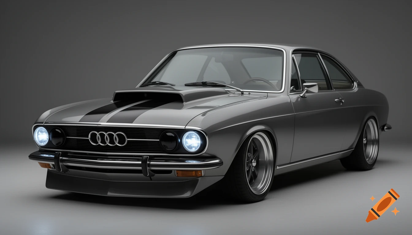 A photorealistic 1972 Audi 100 Coupe S in metallic gray with black racing stripes, modern headlights, and a hood scoop.