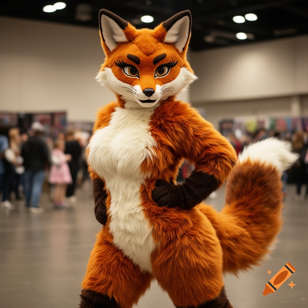 An orange and white fox fursuit with prominent eyelashes stands confidently at an indoor event, its hands on its hips.