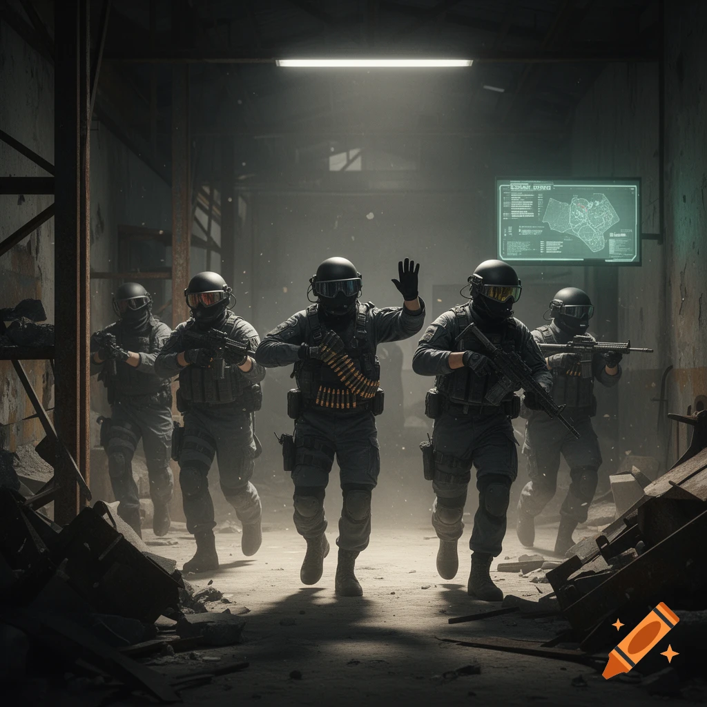 Five heavily armed soldiers in tactical gear, helmets, and goggles walk through a dark, ruined building. One soldier in the foreground raises a gloved hand, while a screen displaying a garbled map is visible in the background. The scene is photorealistic.