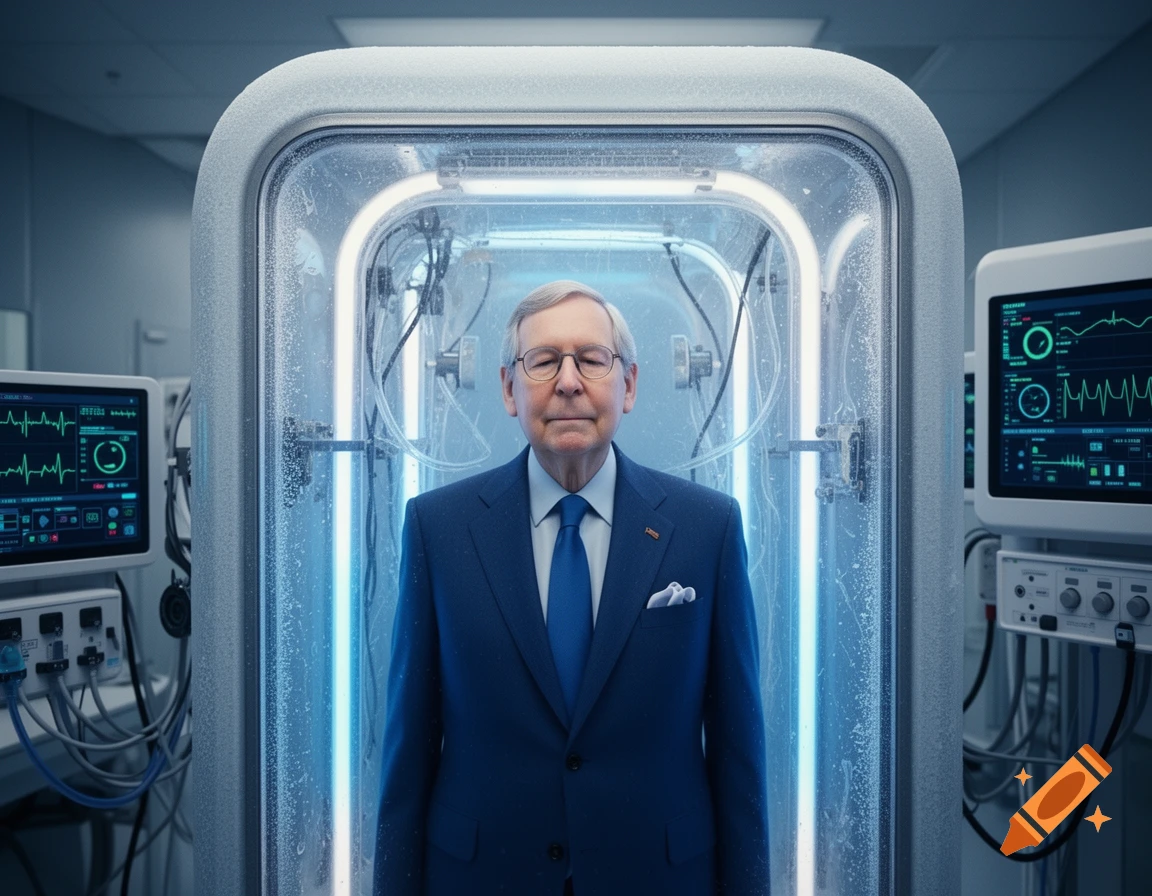 An older man in a blue suit stands inside a glowing cryostasis chamber, surrounded by medical monitors.