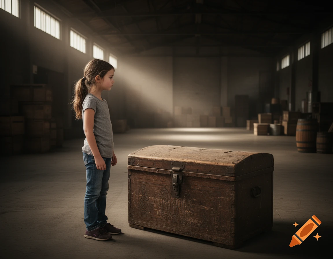 A young girl stands next to a large wooden chest in a dimly lit warehouse with light streaming through high windows.