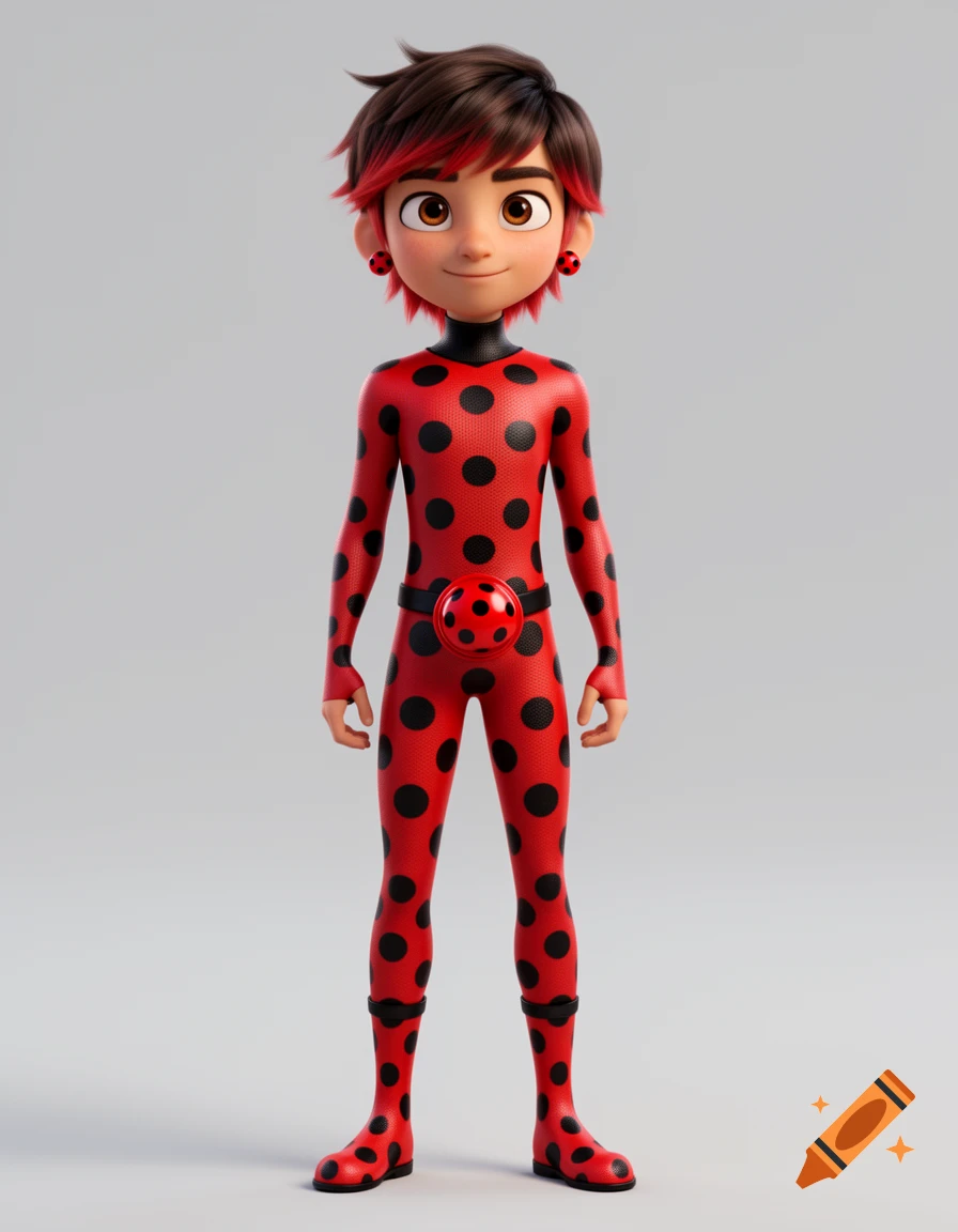 A teenage male superhero in a red and black polka-dotted jumpsuit with matching boots and earrings, in a 3D animation style.