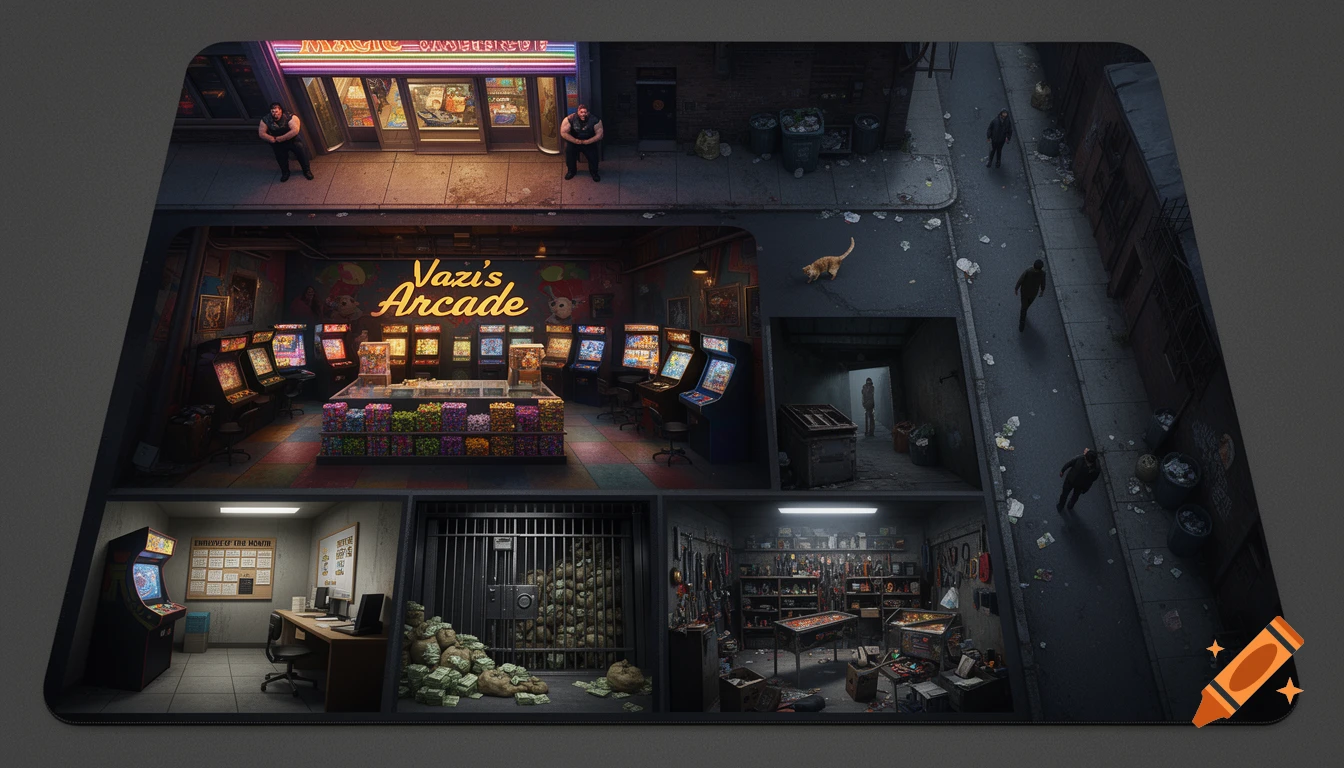 A top-down cutaway view of a detailed building featuring Vazi's Arcade, a staff room, a vault with money, and a workshop, with a street and sidewalk above.