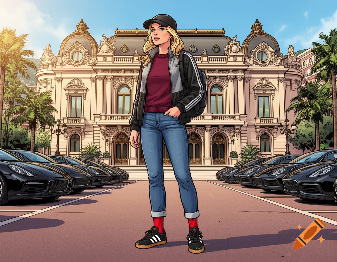 A blonde woman in casual attire stands in a comic style in front of a grand casino building with luxury cars and palm trees.