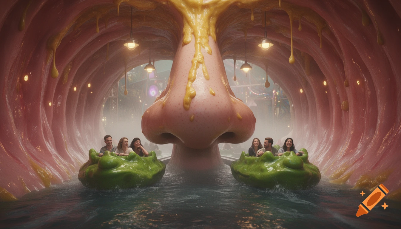People in green, booger-shaped boats float through a water ride inside a giant, hyperrealistic human nose with dripping yellow mucus and pink mucous membranes.