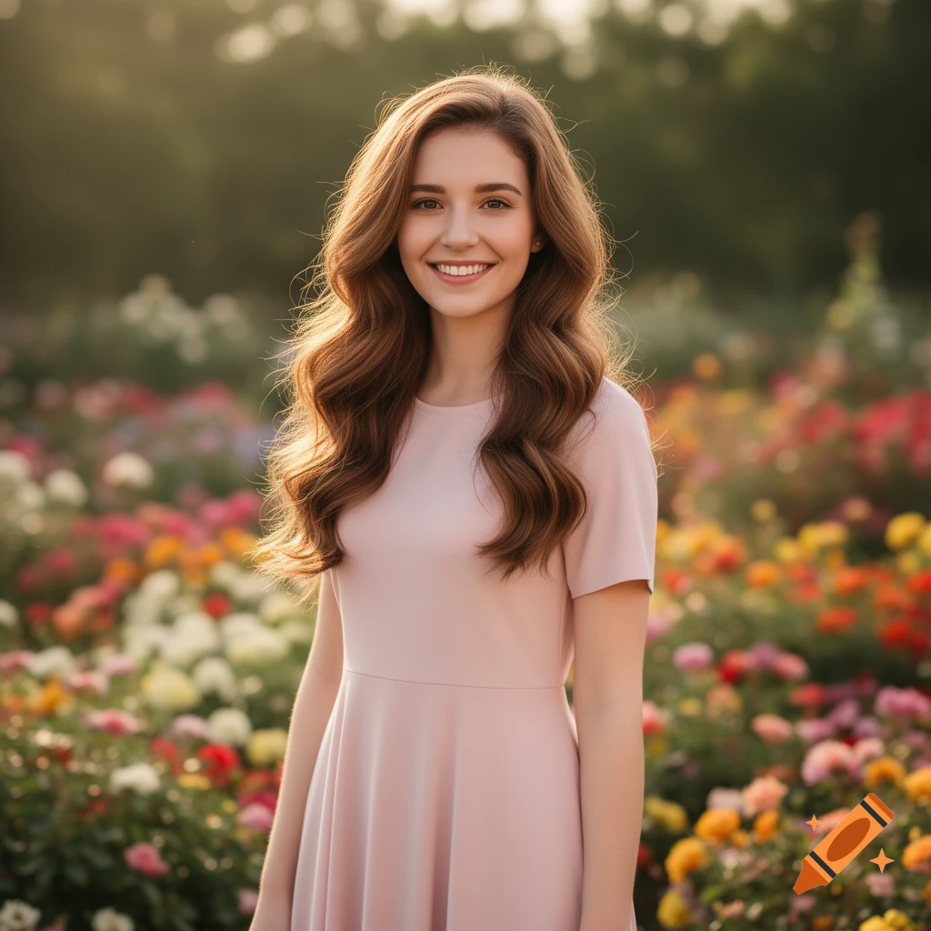 Smiling young woman with long brown hair in a pink dress, standing in a vibrant field of flowers during golden hour, photorealistic.