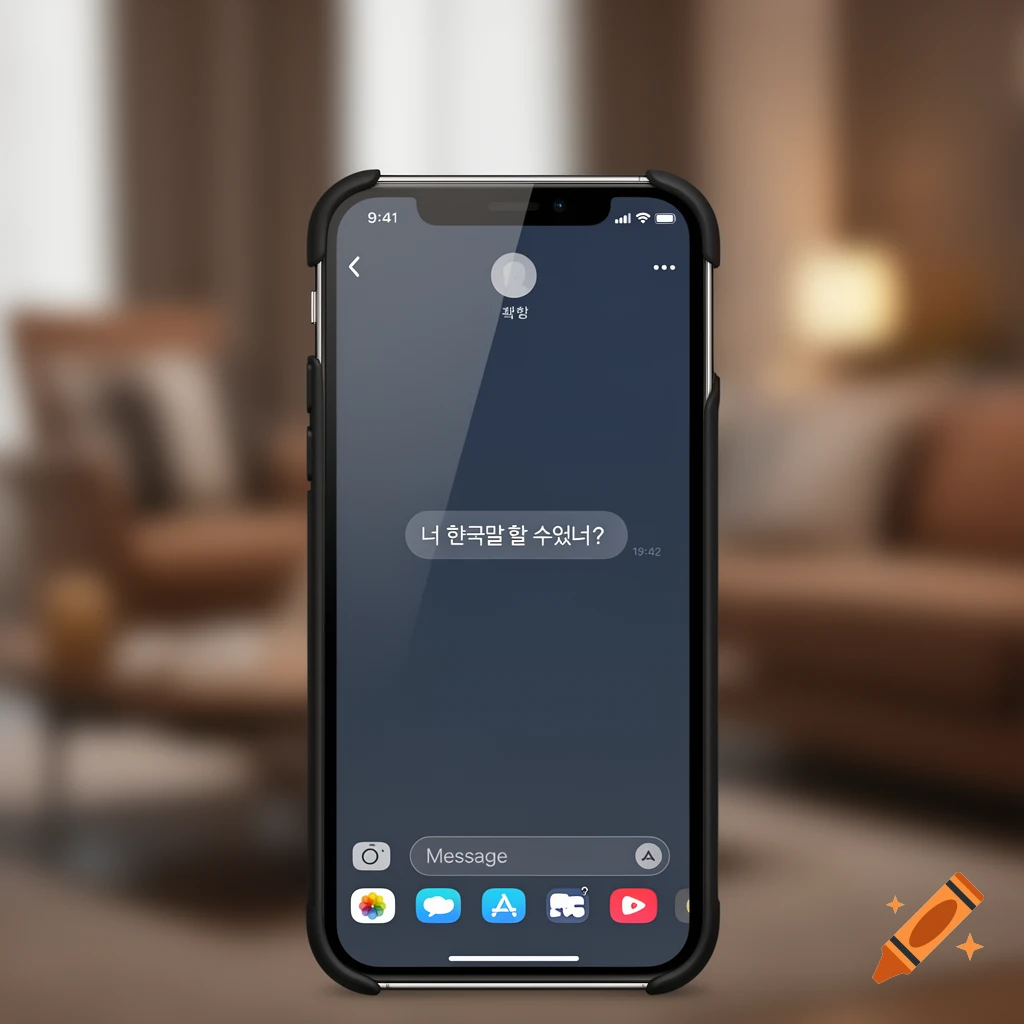 A close-up shot of a smartphone displaying a message in Korean, with a blurred room in the background.