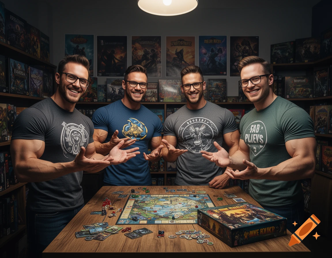 Four muscular men in t-shirts and glasses smile while standing around a board game table in a room filled with game boxes and posters.