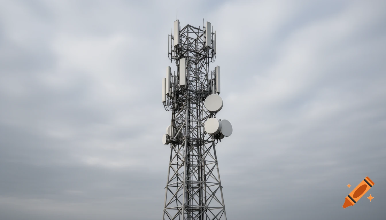 Modern photorealistic telecommunication tower with antennas and dishes against a cloudy gray sky.