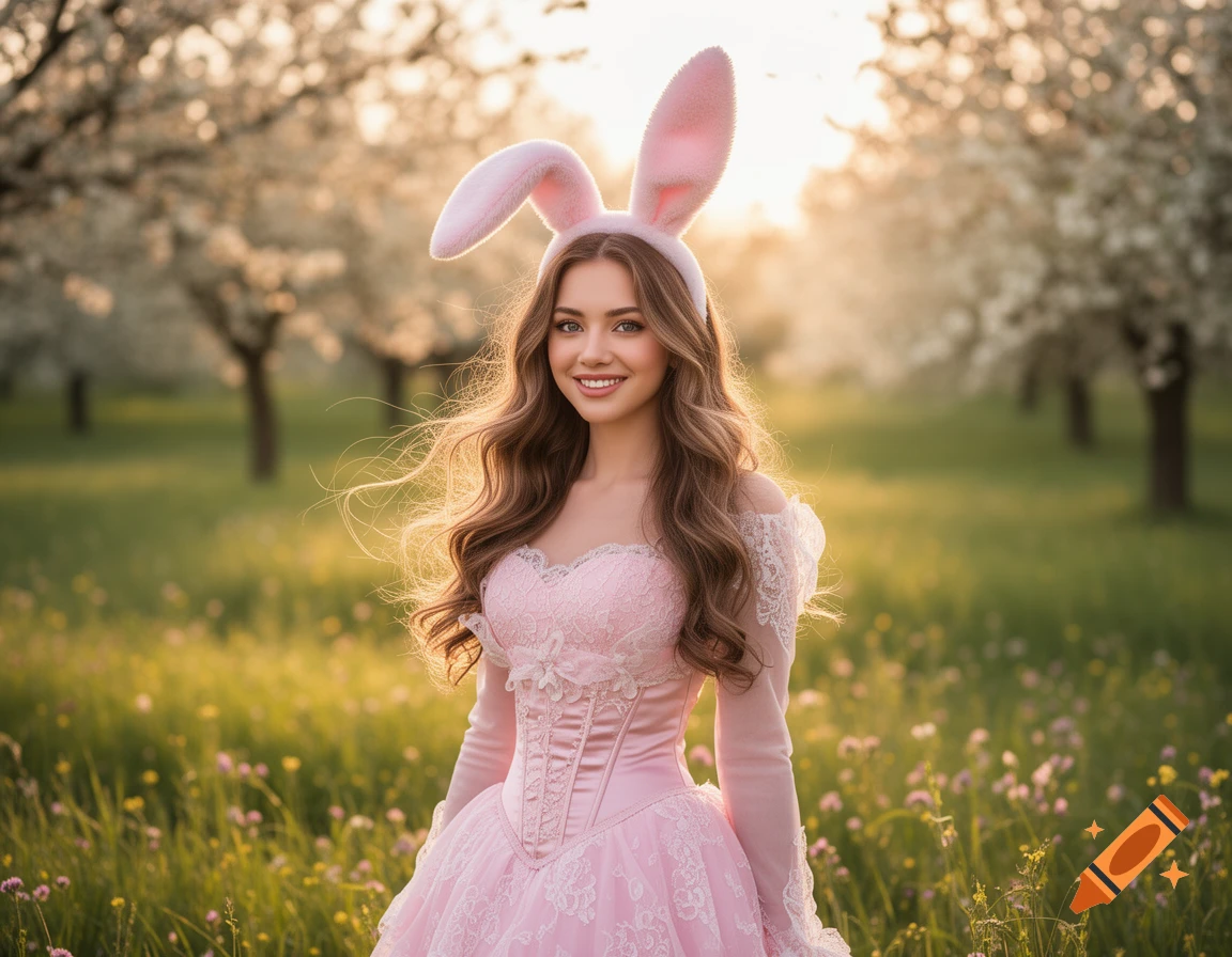 A young woman in a pink dress and bunny ears smiles in a sunny spring orchard.