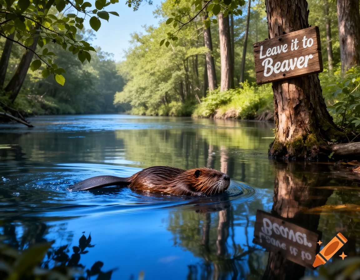 Photorealistic image of a beaver swimming in a river with a wooden sign on a tree reading "Leave it to Beaver" in a lush forest.
