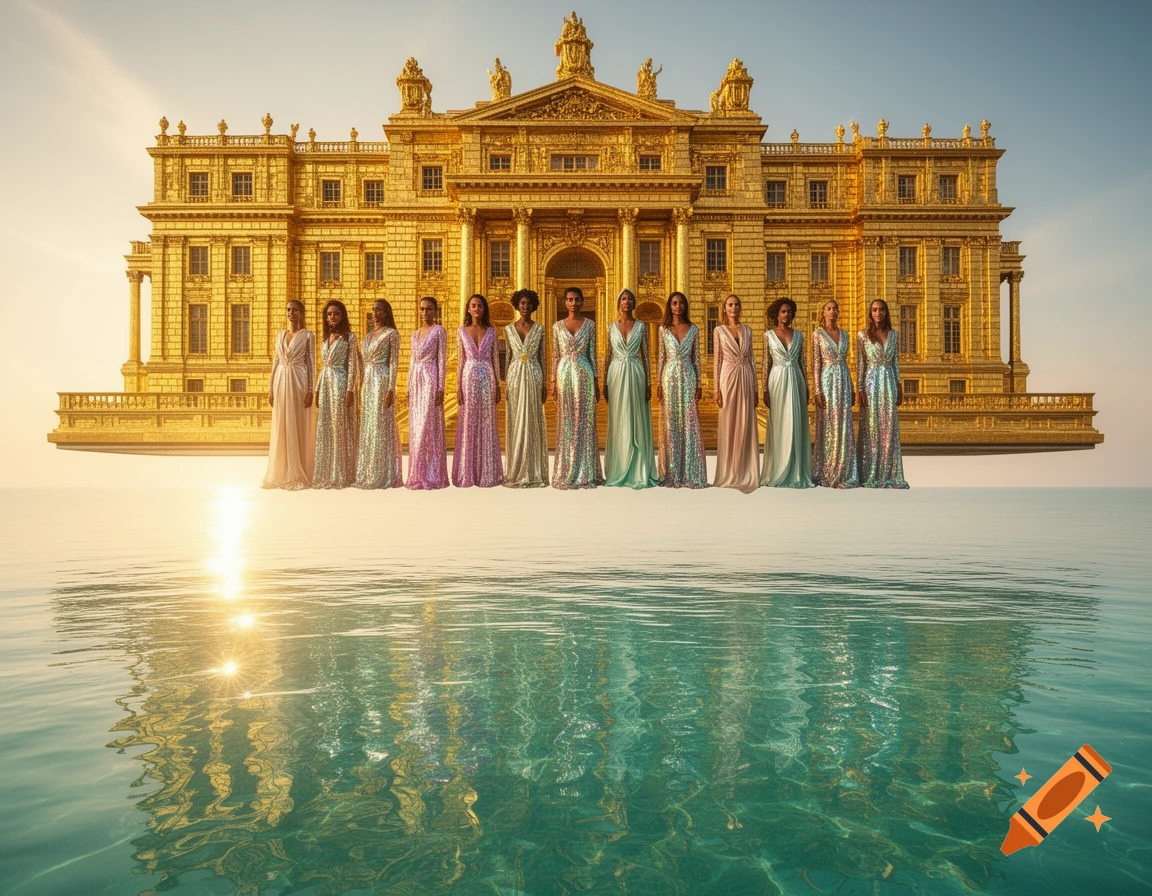 A golden palace levitates above aqua water, with several women in sparkling dresses standing in front of it.