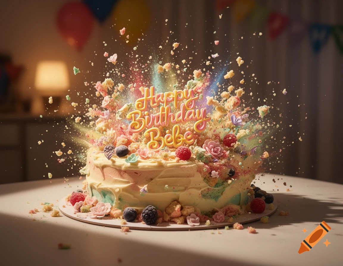 A colorful birthday cake exploding with crumbs, berries, and frosting, with the text "Happy Birthday Bebe" on top, in a celebratory setting.