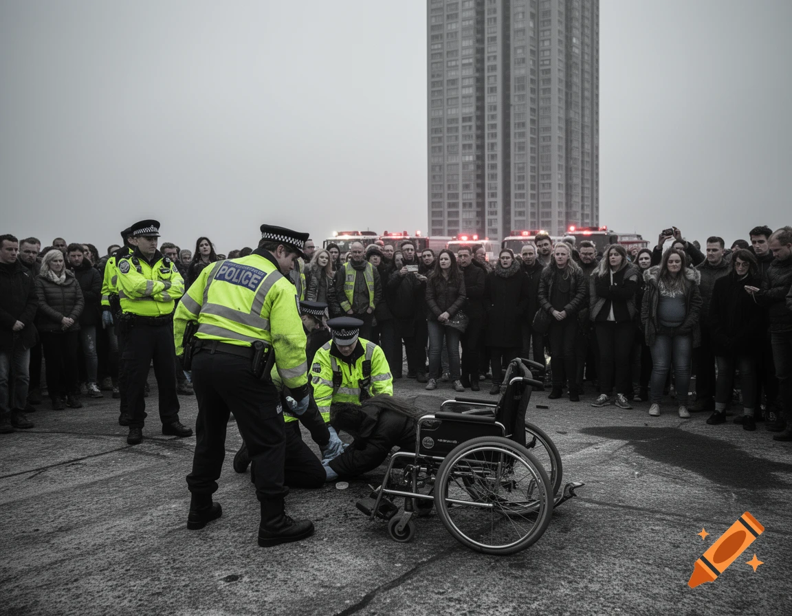 Police officers attend to a person and wheelchair on a concrete surface, with a crowd and high-rise building under a gray sky.