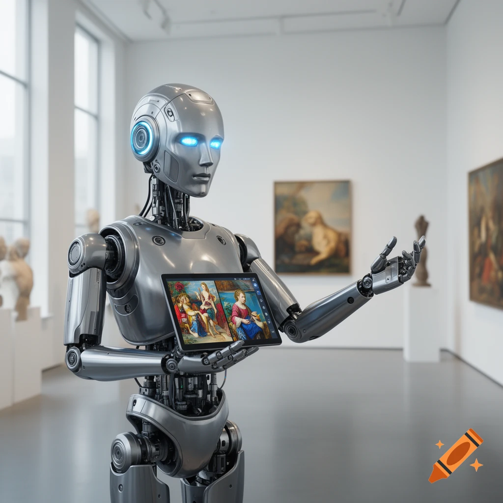 A photorealistic silver robot with glowing blue eyes holds a tablet displaying paintings in a modern art museum, appearing to present art.
