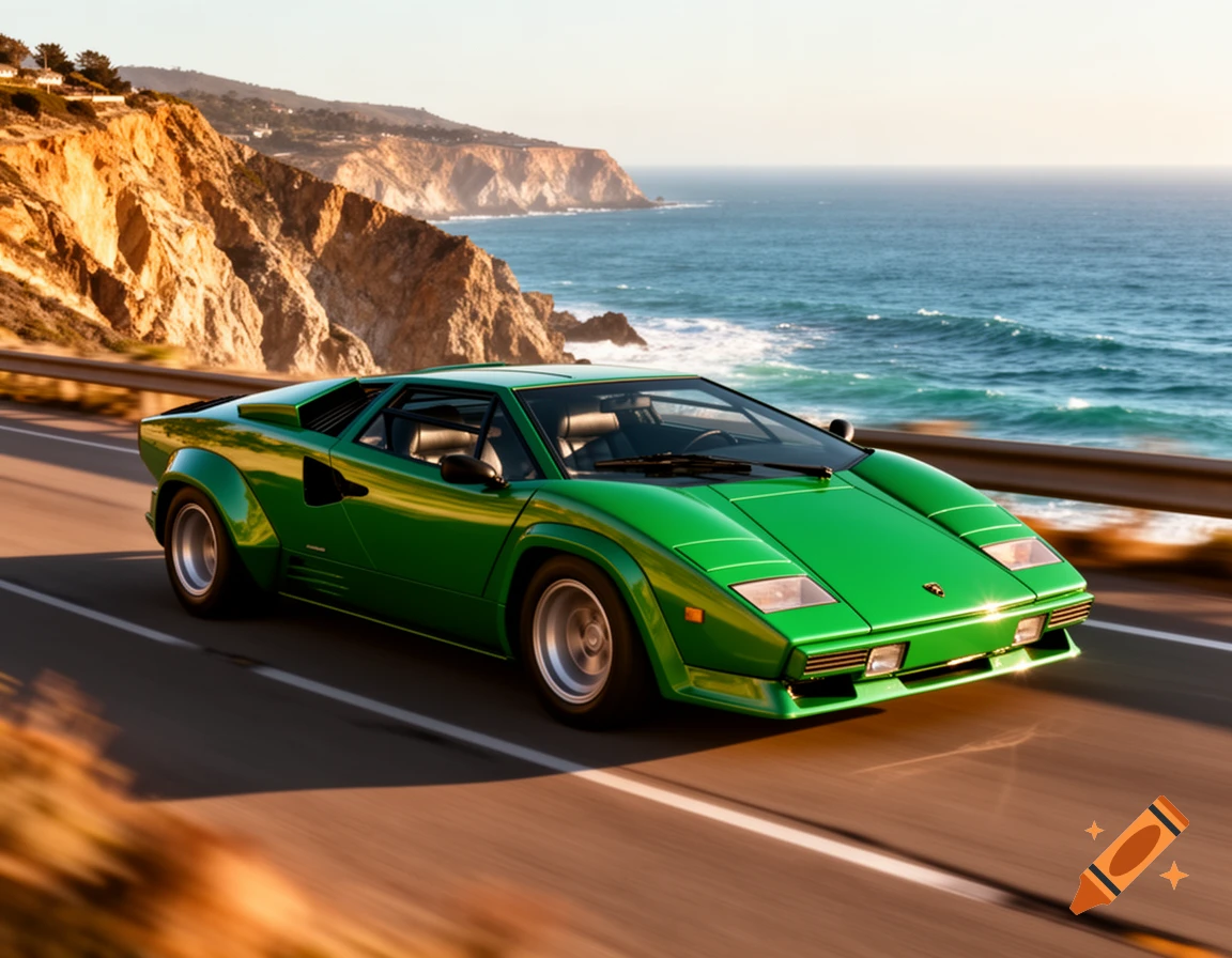 A bright green Lamborghini Countach drives on a coastal highway overlooking a blue ocean and cliffs at sunset.