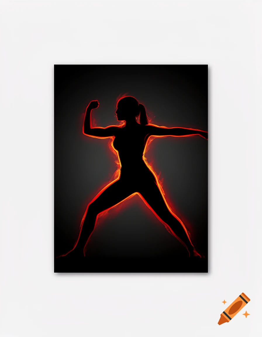 Minimalist silhouette of a woman in a powerful self-defense pose, outlined in vibrant orange against a dark background.
