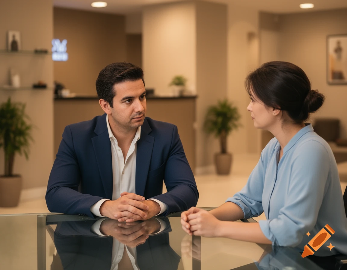 A man in a blue suit and a woman in a light blue shirt are seated at a glass table, having a serious conversation in a modern office.