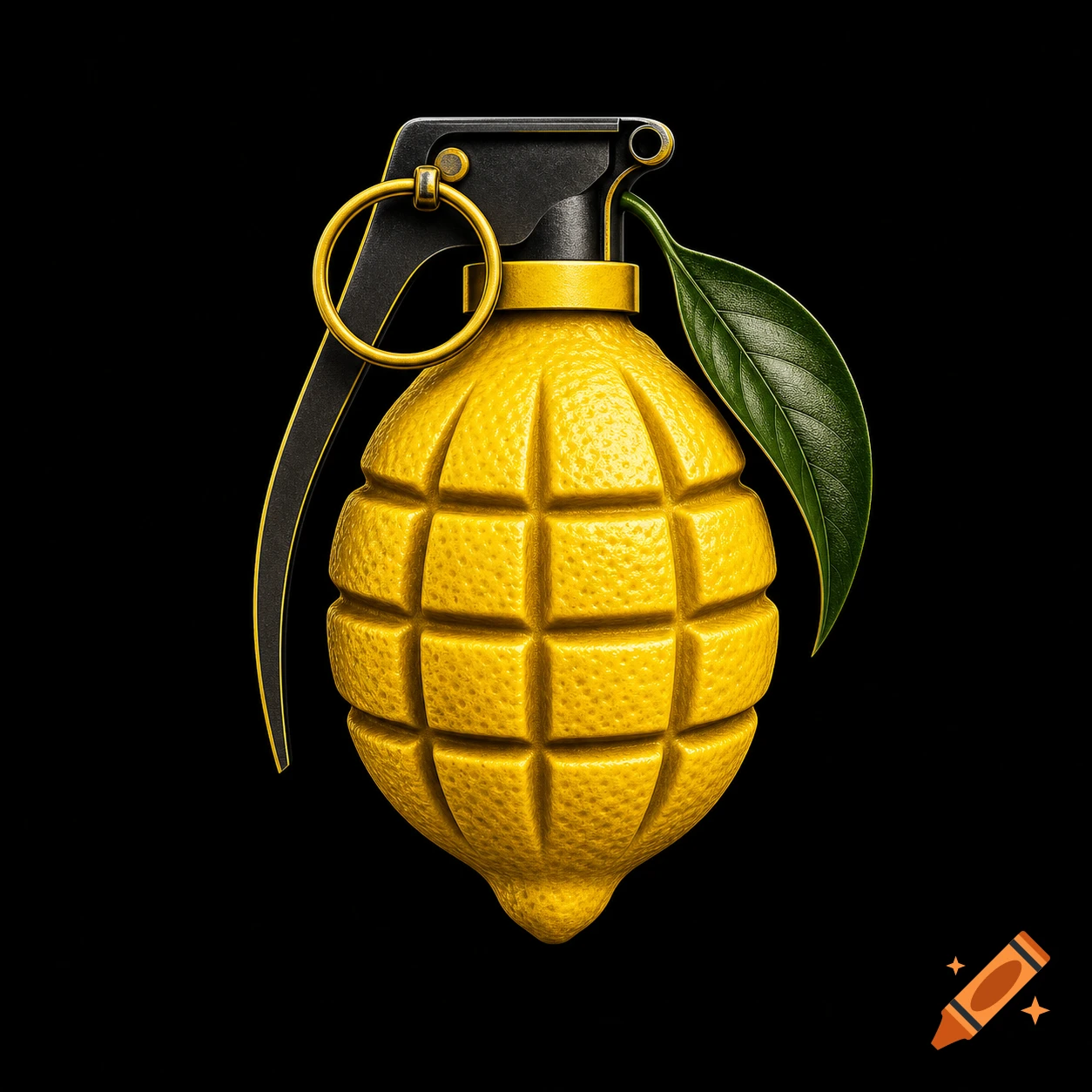 A stylized lemon shaped like a hand grenade with a green leaf and metallic pin, set against a black background.