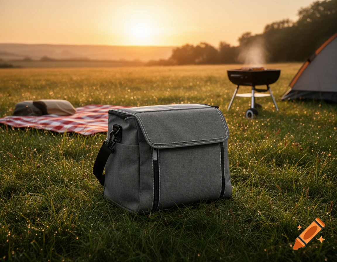 A gray cooler bag sits on dewy grass in a field at sunset, with a picnic blanket, grill, and tent in the background.