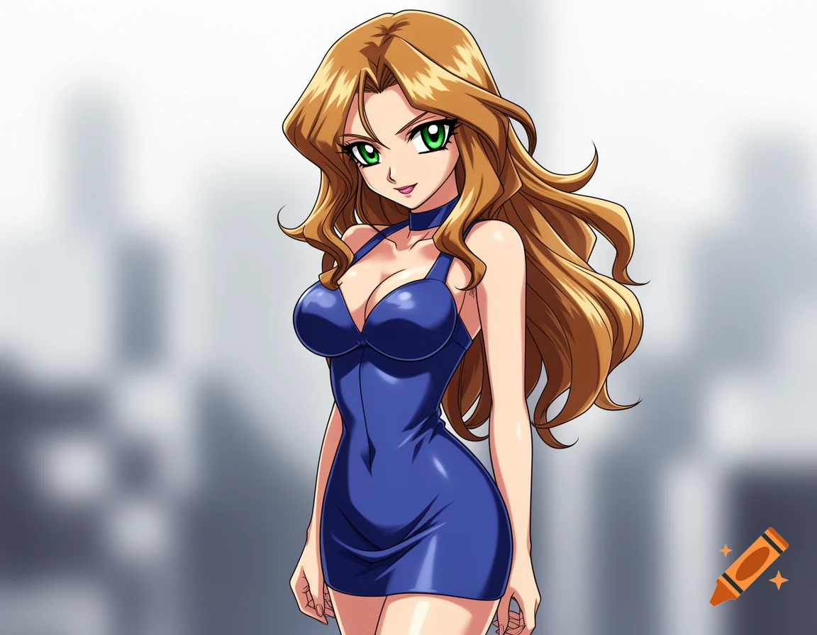 Anime-style woman with long brown hair, green eyes, wearing a blue tight dress against a blurred city background.