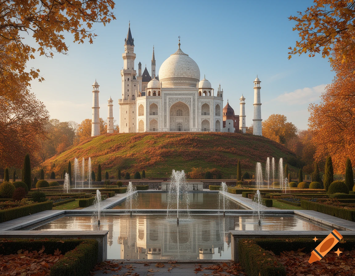 A majestic hybrid castle of Neuschwanstein and Taj Mahal architecture, set in an autumn garden with reflecting pools.