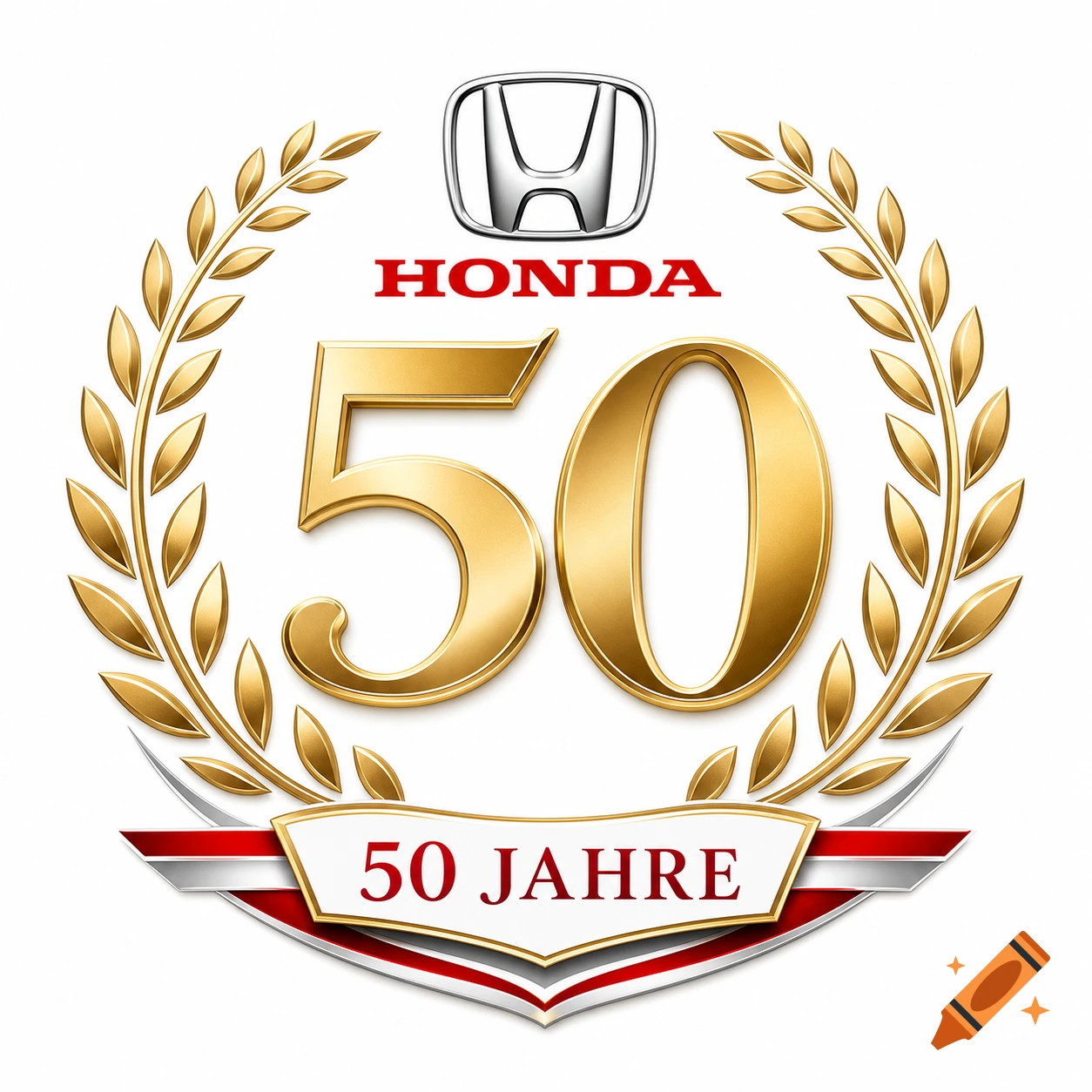 Modern Honda 50th anniversary logo with a golden '50', a silver Honda emblem, red 'HONDA', and '50 JAHRE' text within a laurel wreath design on a white background.