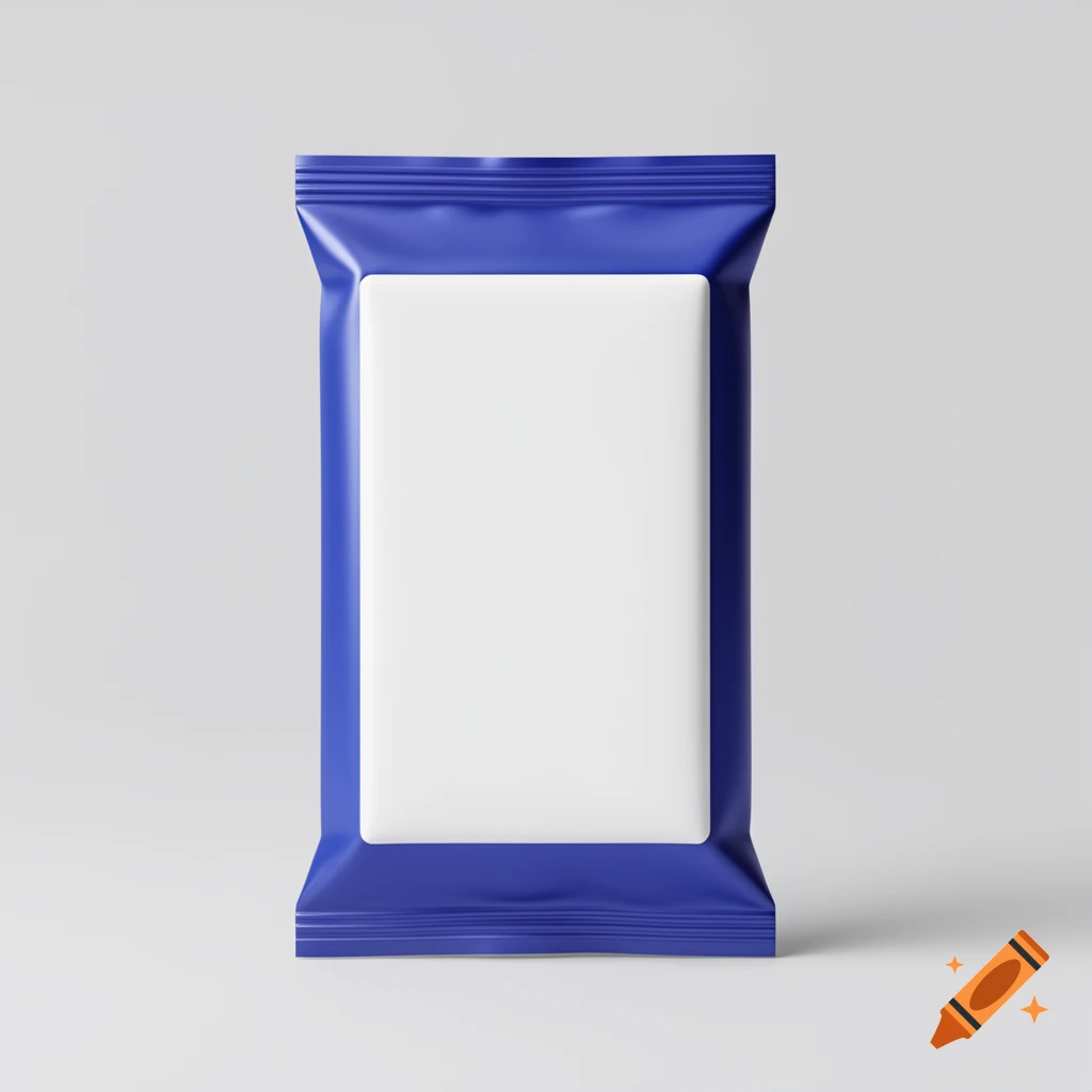 A photorealistic rendering of a plain royal blue rectangular packet with a large, blank white label on the front, standing on a neutral background.