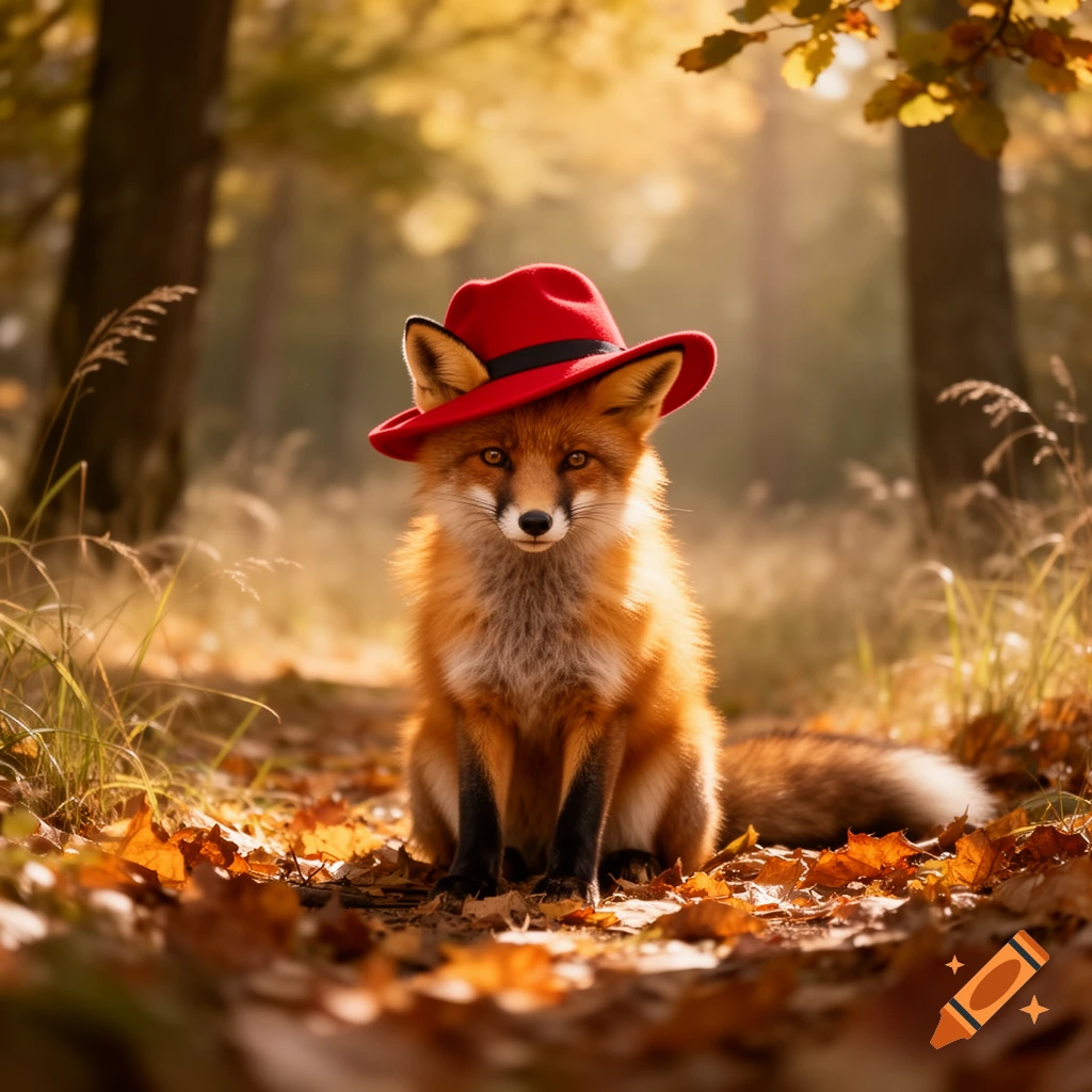 A photorealistic red fox in a red hat sits on an autumn forest path covered with fallen leaves.