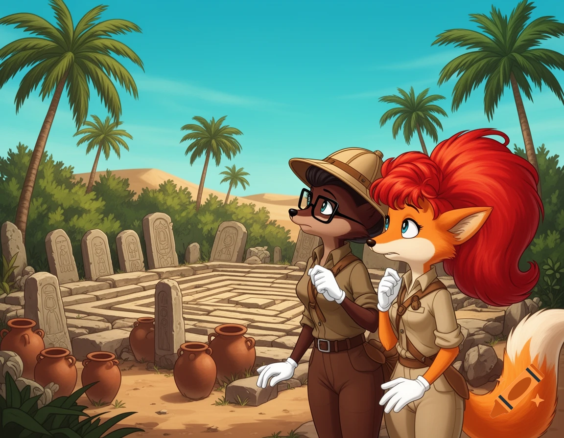Two cartoon anthro-fox explorers in pith helmets look frightened among ancient desert ruins with steles, urns, and palm trees.