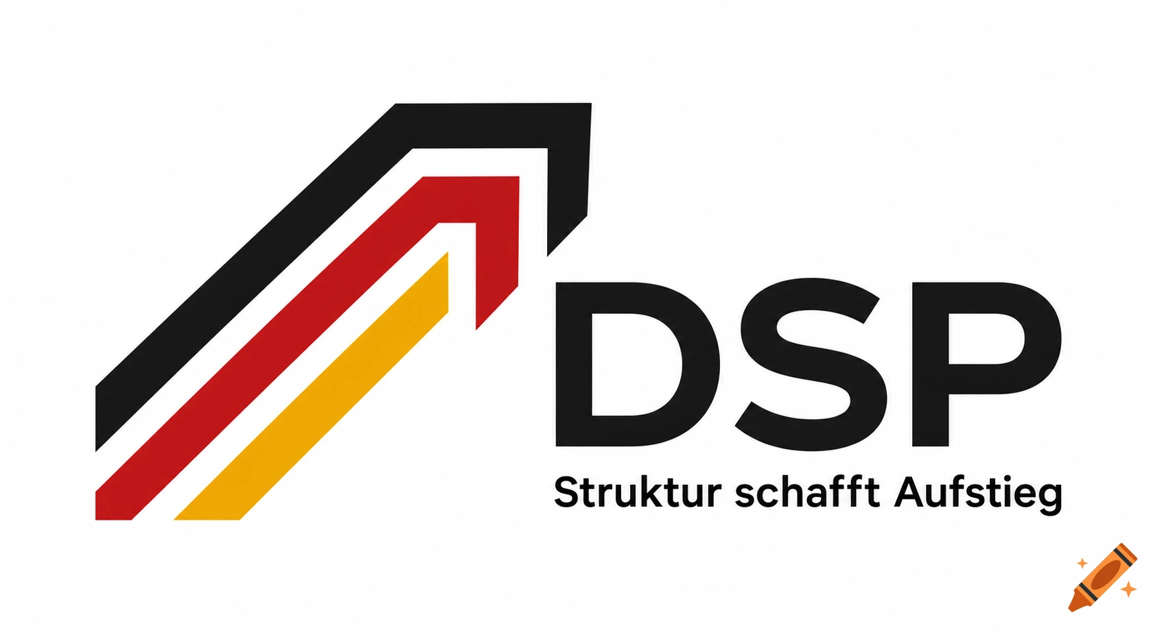Logo with black, red, and yellow arrow pointing up, next to "DSP Struktur schafft Aufstieg" text.