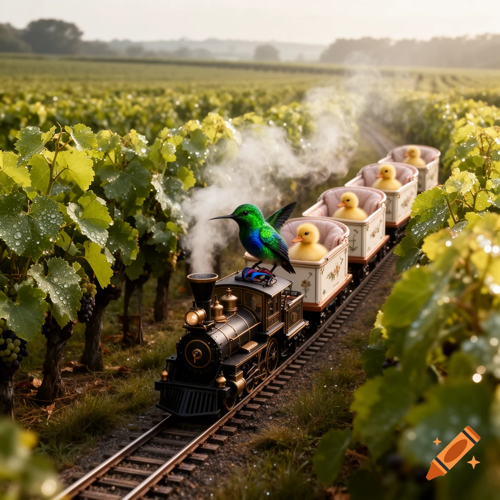 A vibrant green and blue hummingbird drives a miniature steam train carrying four yellow ducklings through a sunlit vineyard.
