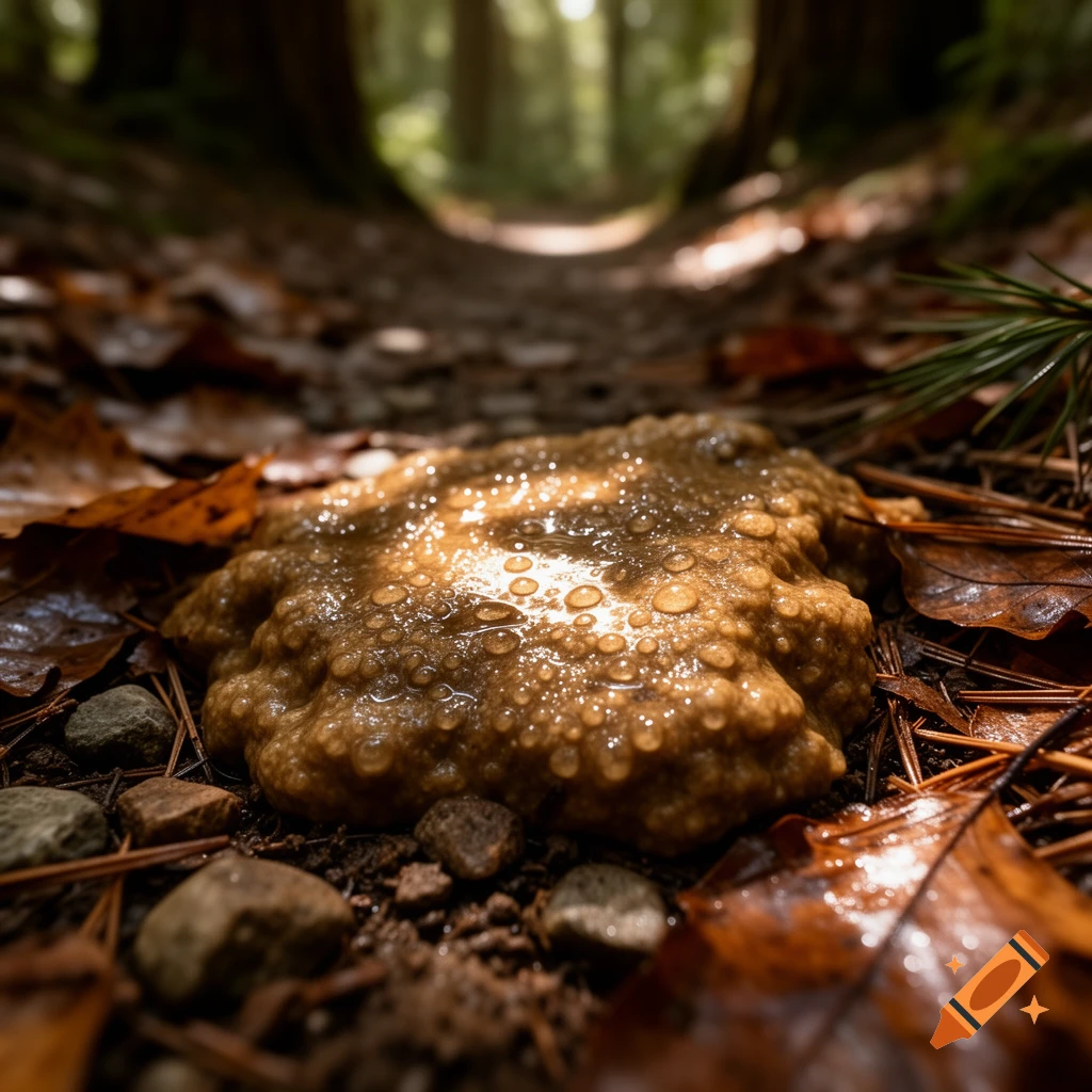 A detailed macro shot of a wet, textured, brown blob with water droplets on a forest floor, bathed in dappled sunlight.