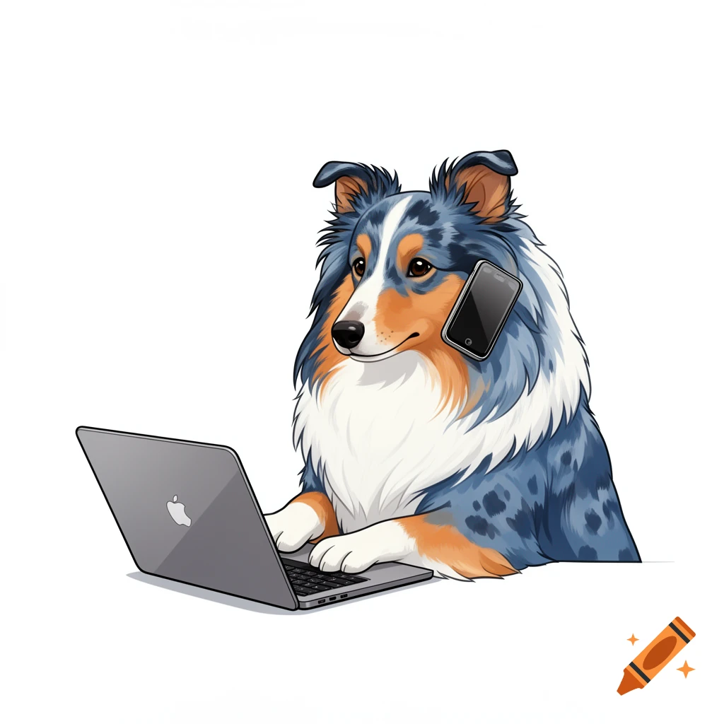 A cartoon blue merle Shetland Sheepdog works on a grey laptop while talking on a black smartphone.