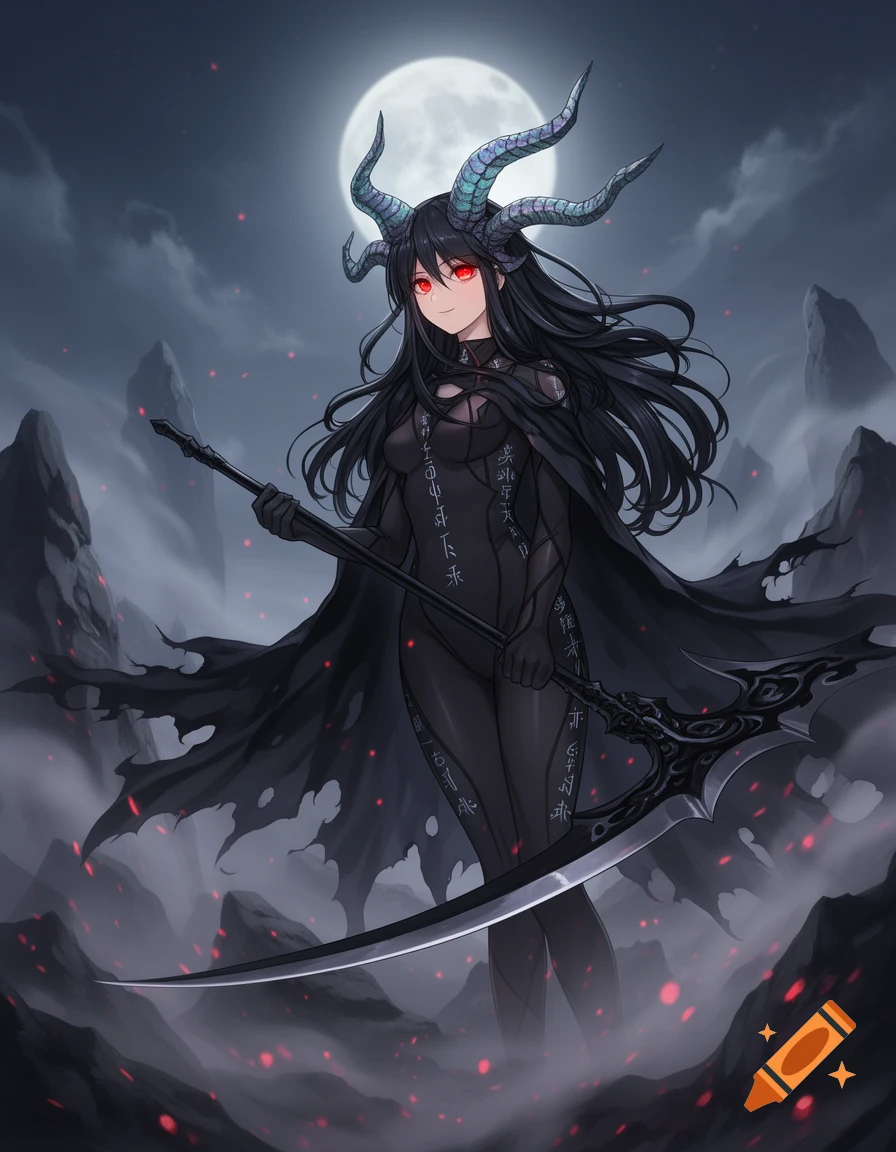 Anime woman with blue horns and scythe stands under a full moon in a dark, misty landscape.
